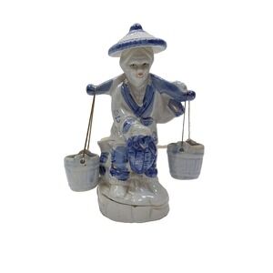 Vintage Chinese Porcelain‎ Blue White Fisherman Figurine Water Buckets and Fish